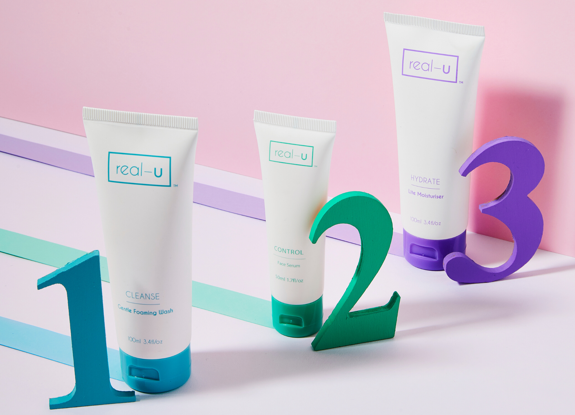 real-u 3 step acne skincare with 1 2 3 numbers 